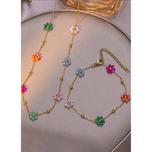 Flower Beaded Necklace Bracelet‎ Set Gold Tone Colorful Cute Jewelry